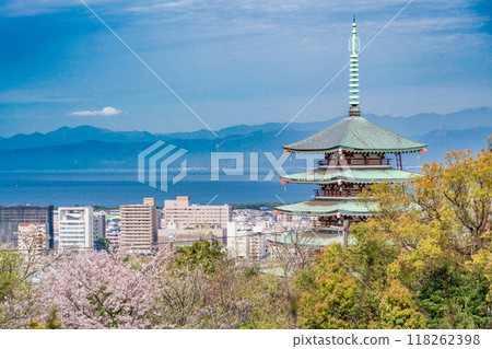 [Shizuoka Prefecture] The Peace Memorial Tower at Mount Kanuki and Koryodai is covered with cherry blossoms in full bloom. 118262398