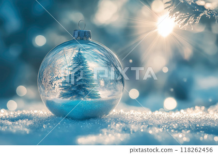 Glass ornaments and snowy scenery 118262456