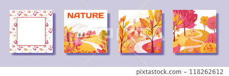 Set square poster with autumn park, Hand drawn. plants., Frame with seamless pattern. Print on Print, notebook or book cover. Postcard, poster or wallpapers. Vector Set square poster with autumn park, Hand drawn. plants., Frame with seamless pattern. Print on Print, notebook or book cover. Postcard, poster or wallpapers. Vector 118262612