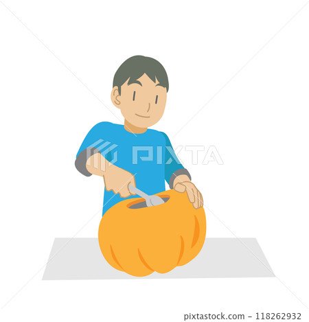 Child carving a pumpkin 118262932