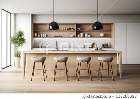 Scandinavian Minimalist Kitchen with Island and Dining Space. Generative ai 118263388