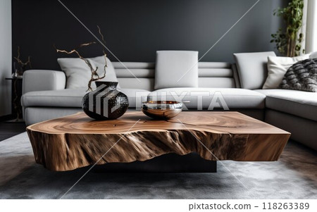 Close-up of Live Edge Coffee Table by Modern Sofa. Generative ai 118263389