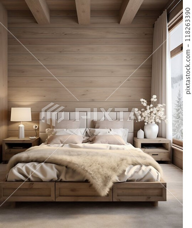 Modern Farmhouse Bedroom with Wood Bedside Cabinet and Beamed Ceiling. Generative ai 118263390