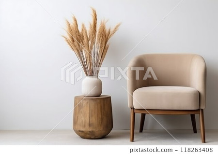 Minimalist Living Room: Beige Barrel Chair with Stump Table and Pampas Grass. Generative ai Minimalist Living Room: Beige Barrel Chair with Stump Table and Pampas Grass. Generative ai 118263408