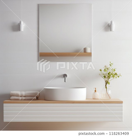 Scandinavian Bathroom: Wall-Mounted Vanity with Vessel Sink and Mirror. Generative ai 118263409