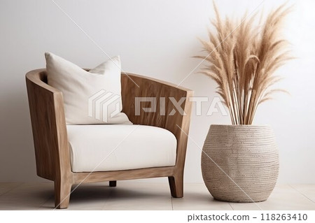 Minimalist Living Room: Beige Barrel Chair with Stump Table and Pampas Grass. Generative ai 118263410