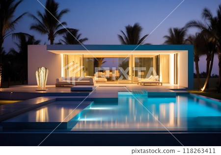 Nighttime Elegance: Modern Cubic Villa with Pool Amidst Palm Trees. Generative ai 118263411