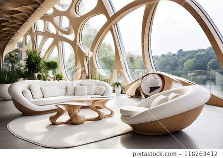 Sophisticated Living Space: Flowing Wooden Structures and Curvaceous Design. Generative ai Sophisticated Living Space: Flowing Wooden Structures and Curvaceous Design. Generative ai 118263412