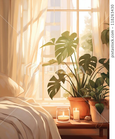 Serene Living Corner: Lit Candle, Monstera Plant, and Soft Ottoman Ambiance. Generative ai Serene Living Corner: Lit Candle, Monstera Plant, and Soft Ottoman Ambiance. Generative ai 118263430