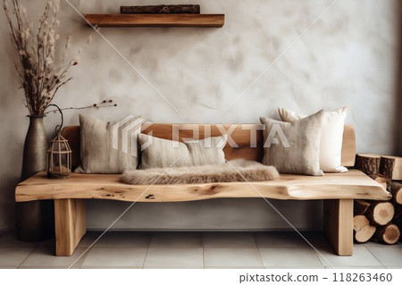 Rustic Boho Living Room: Wooden Slab Bench in Farmhouse Design. Generative ai 118263460