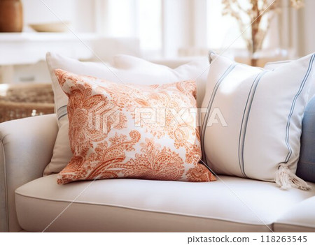 Modern Living Room Detail: Fabric Sofa with White and Terra Cotta Pillows. Generative ai 118263545