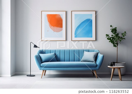 Modern Living Room with Blue Sofa and Terra Cotta Lounge Chair. Generative ai 118263552
