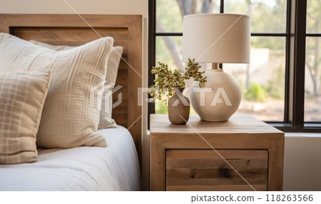 Modern Bedroom with Rustic Bedside Cabinet and Beige Pillows. Generative ai 118263566