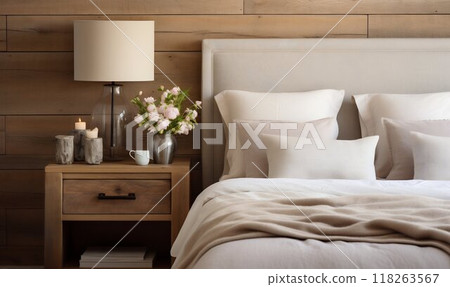 Modern Bedroom with Rustic Bedside Cabinet and Beige Pillows. Generative ai 118263567