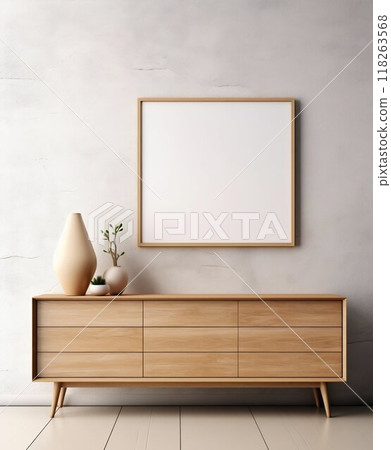 Modern Living Room: Wooden Cabinet and Mock-Up Poster Frame Against Concrete Wall. Generative ai 118263568