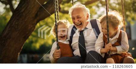 Moments to Cherish: Grandfather's Joy with Grandchildren. Generative ai 118263605