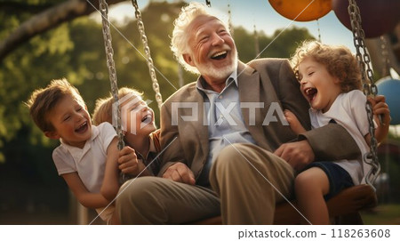 Moments to Cherish: Grandfather's Joy with Grandchildren. Generative ai 118263608