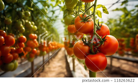 Villagecore Charm: Ripe Tomatoes Flourishing in a Greenhouse. Generative ai Villagecore Charm: Ripe Tomatoes Flourishing in a Greenhouse. Generative ai 118263622