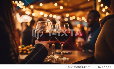 Festive Gatherings: Friends Enjoying Mulled Wine at a Christmas Market. Generative ai 118263657