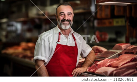 Craft of Carnivory: Smiling Man Butcher at the Meat Counter. Generative ai 118263691