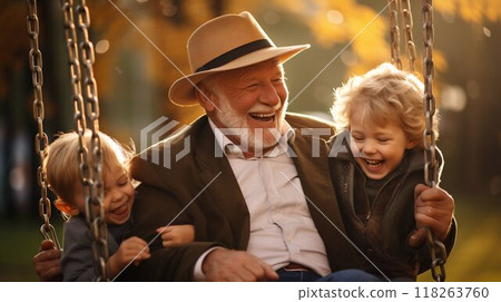 Moments to Cherish: Grandfather's Joy with Grandchildren. Generative ai 118263760