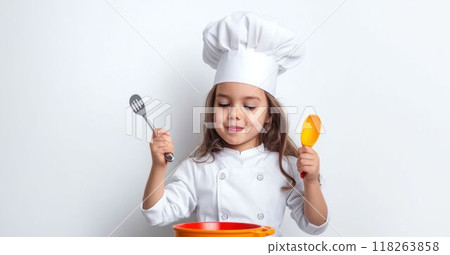 Little Girl Dressed as Chef Cooking with Utensils 118263858
