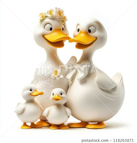 Wedding-themed duck family with ducklings in festive attire Wedding-themed duck family with ducklings in festive attire 118263871