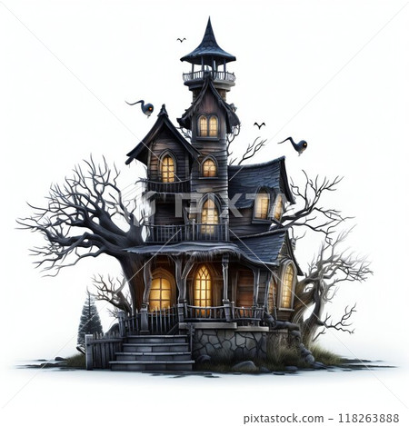 Whispers of the Past: Haunted House Portrait Isolated on White Background. Generative ai Whispers of the Past: Haunted House Portrait Isolated on White Background. Generative ai 118263888