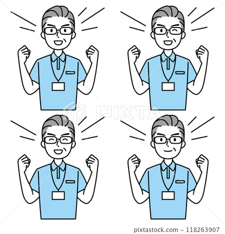 Senior man in a polo shirt posing with his fist in the air (simple) 118263907