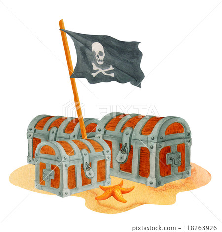 Closed treasure chests under pirate black flag on sandy coast. Isolated watercolor composition of old chests on the sand for decoration of children parties, souvenirs or print design in pirate style 118263926
