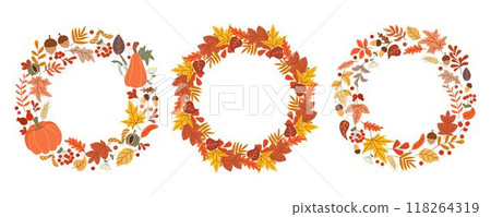 Autumn round wreath set of yellowed leaves, acorns and pumpkin Autumn round wreath set of yellowed leaves, acorns and pumpkin 118264319