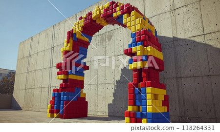 Colorful Archway Made of Giant Building Blocks Against Concrete Wall 118264331