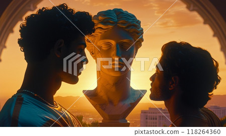 Sculptural Serenity. Two Men Contemplating Marble Bust at Sunset in Urban Setting 118264360