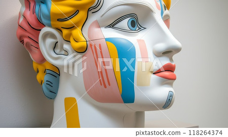 Colorful Abstract Sculpture of Classical Bust with Geometric Patterns and Vibrant Colors 118264374