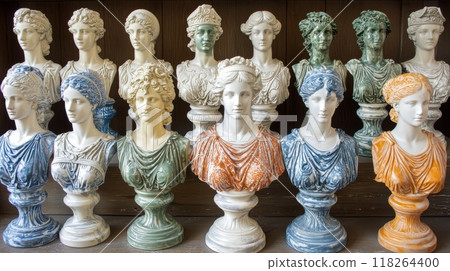Colorful Ceramic Classical Busts Aligned in a Wooden Display Shelf 118264400