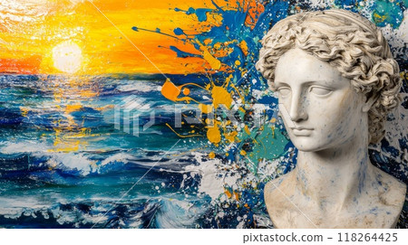 Abstract Ocean Sunrise with Classical Marble Sculpture. Vibrant and Artistic Composition Abstract Ocean Sunrise with Classical Marble Sculpture. Vibrant and Artistic Composition 118264425