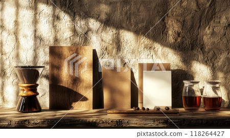 Artistic Coffee Setup with Natural Light and Shadow Play on Rustic Background Artistic Coffee Setup with Natural Light and Shadow Play on Rustic Background 118264427