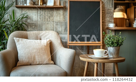 Cozy Coffee Shop Corner Featuring Comfortable Armchair, Chalkboard, and Cappuccino 118264432