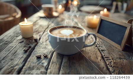 Steaming Cup of Coffee with Latte Art on Rustic Wooden Table Surrounded by Candles 118264439