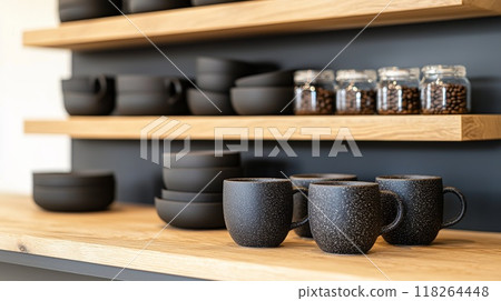 Modern Kitchen with Black Ceramic Cups and Bowls on Wooden Shelves Modern Kitchen with Black Ceramic Cups and Bowls on Wooden Shelves 118264448