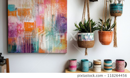Colorful Abstract Wall Art and Vibrant Mugs with Hanging Potted Plants in Boho Style 118264456