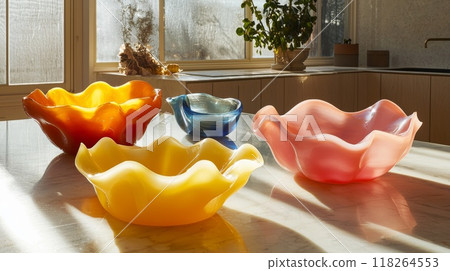 Colorful Glass Bowls on Kitchen Countertop with Sunlight Reflection 118264553