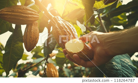 Hand Picking Ripe Cacao Pod from Tree in Sunlit Plantation 118264787