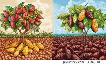 Cacao Trees with Beans in Different Growth Stages for Agricultural and Botanical Study Cacao Trees with Beans in Different Growth Stages for Agricultural and Botanical Study 118264819