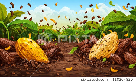 Cocoa Bean Pods and Falling Beans in Vibrant Plantation Field During Harvest Season 118264820
