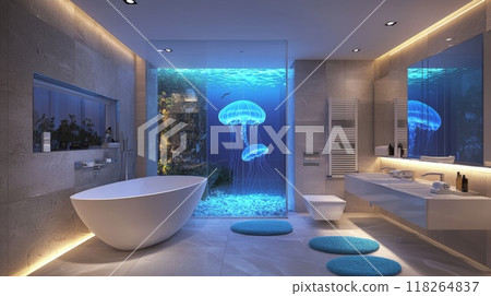 Luxurious Modern Bathroom with Aquarium Shower, Sleek Fixtures, and Ambient Lighting 118264837
