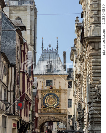 ROUEN, FRANCE - AUGUST, 2024: Clock in the Rue du Gros-Horloge, Rouen, Haute-Normandy ROUEN, FRANCE - AUGUST, 2024: Clock in the Rue du Gros-Horloge, Rouen, Haute-Normandy 118264889