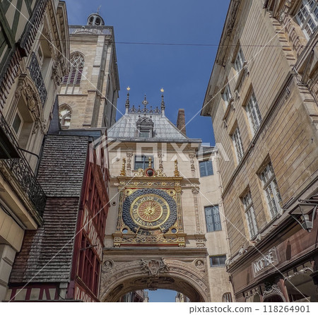 ROUEN, FRANCE - AUGUST, 2024: Clock in the Rue du Gros-Horloge, Rouen, Haute-Normandy 118264901