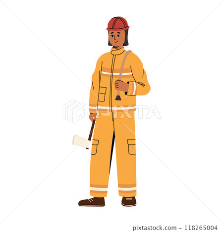 Firefighter character in uniform. Isolated vector illustration 118265004