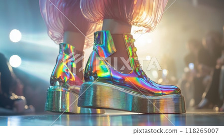 Holographic Platform Boots on Fashion Runway with Dramatic Lighting in Modern Show 118265007